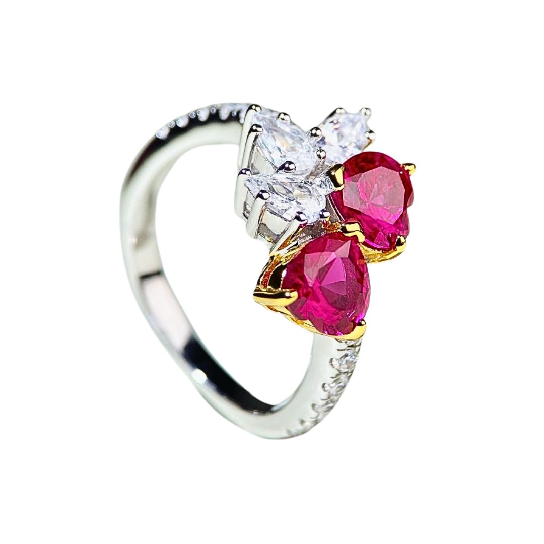 Phoenix ring, Double Heart Pavé, Red & White colours, Sterling Silver
