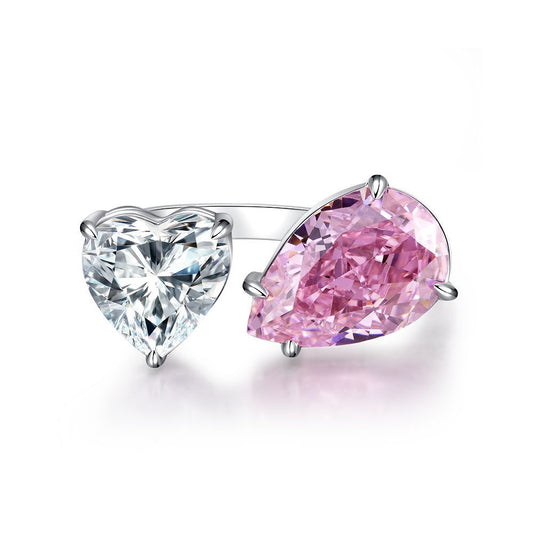 Twin Flame ring, Heart & Teardrop cut, White & Pink colour, Sterling Silver